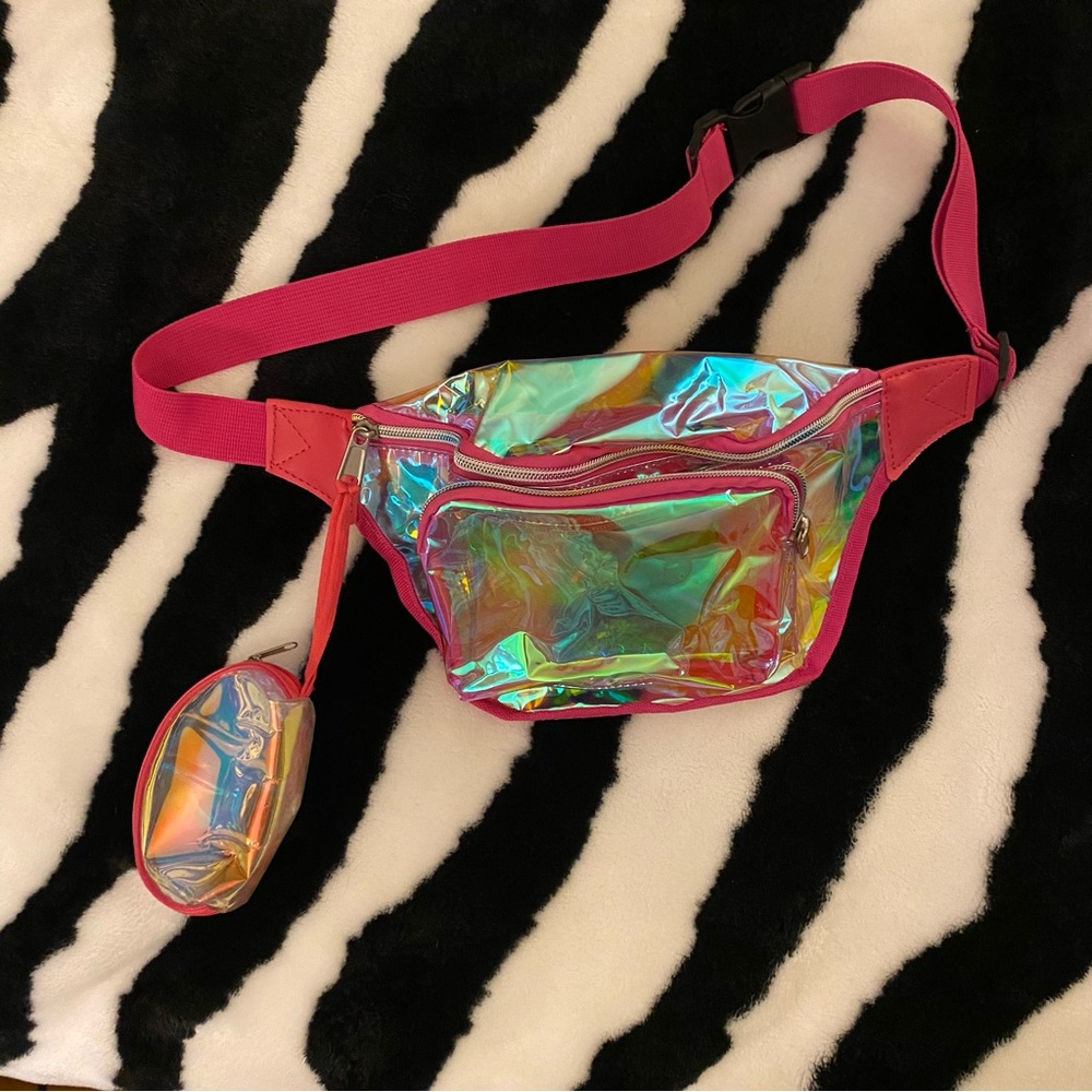 SOLD Clear Stadium Arena Bag Holographic Fanny Pack with Pink Strap